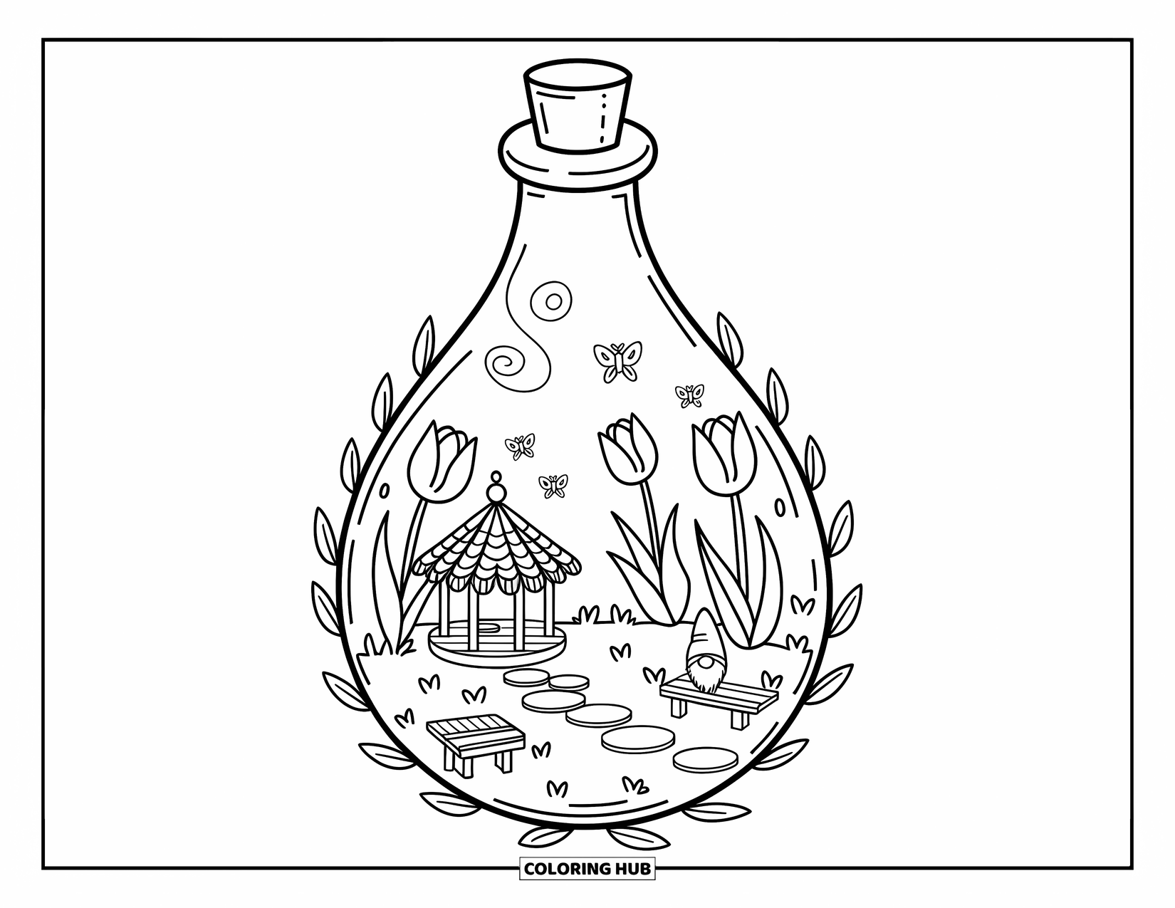 Potion Coloring Page for Adults: Teardrop bottle cradles a cozy garden with tulips, gazebo, butterflies, and a gnome bench