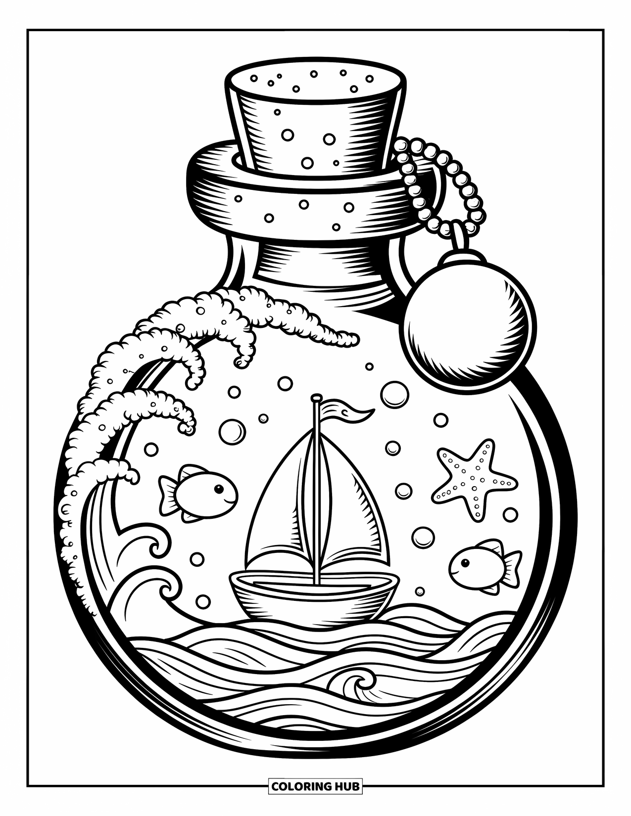 Potion Coloring Page for Adults: Tiny sea adventure with sailboat and bubbles floats inside a shell potion bottle