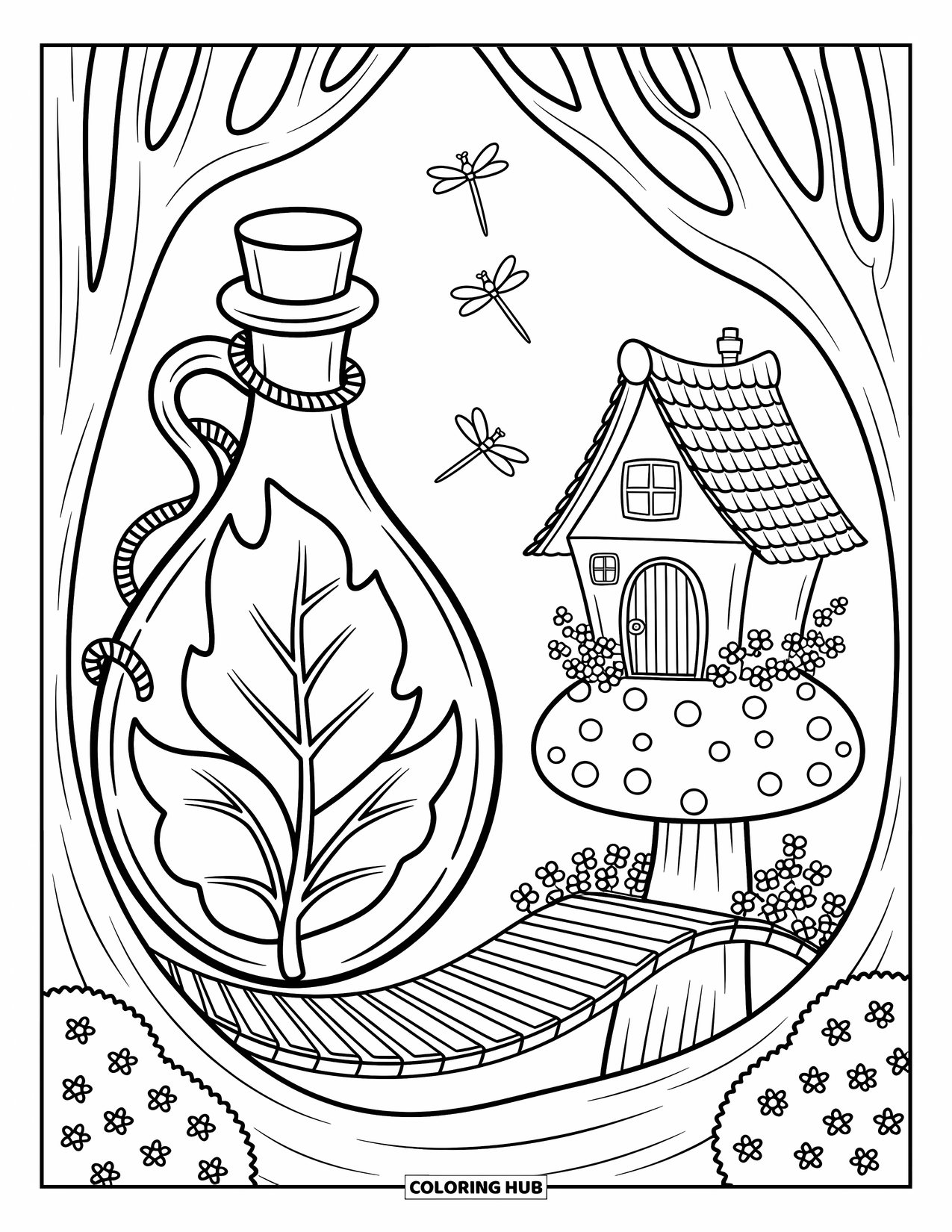 Potion Coloring Page for Adults: Toadstool treehouse and wooden bridge tucked inside a leafy forest potion bottle