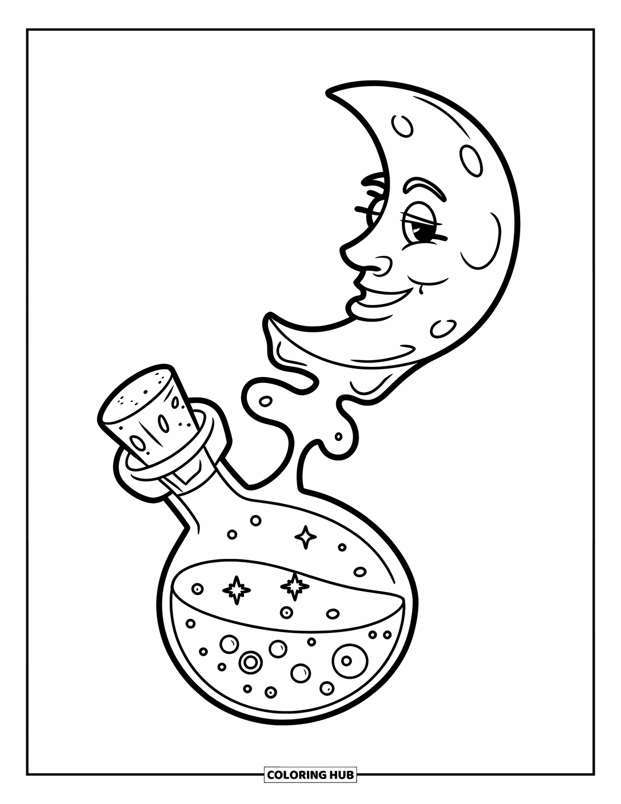 Potion Coloring Page for Kids: A smiling moon hovers over a tiny bubbling potion with a corked glass bottle
