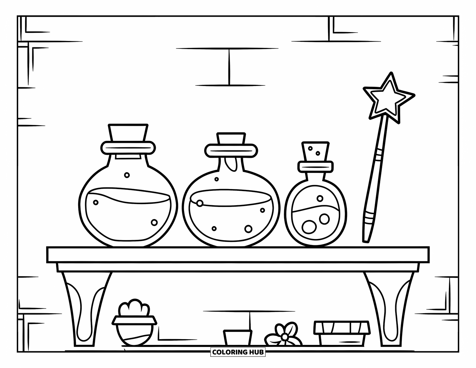 Potion Coloring Page for Kids: Assorted potions, a star wand, and tiny decor items line a shelf on a clean wall