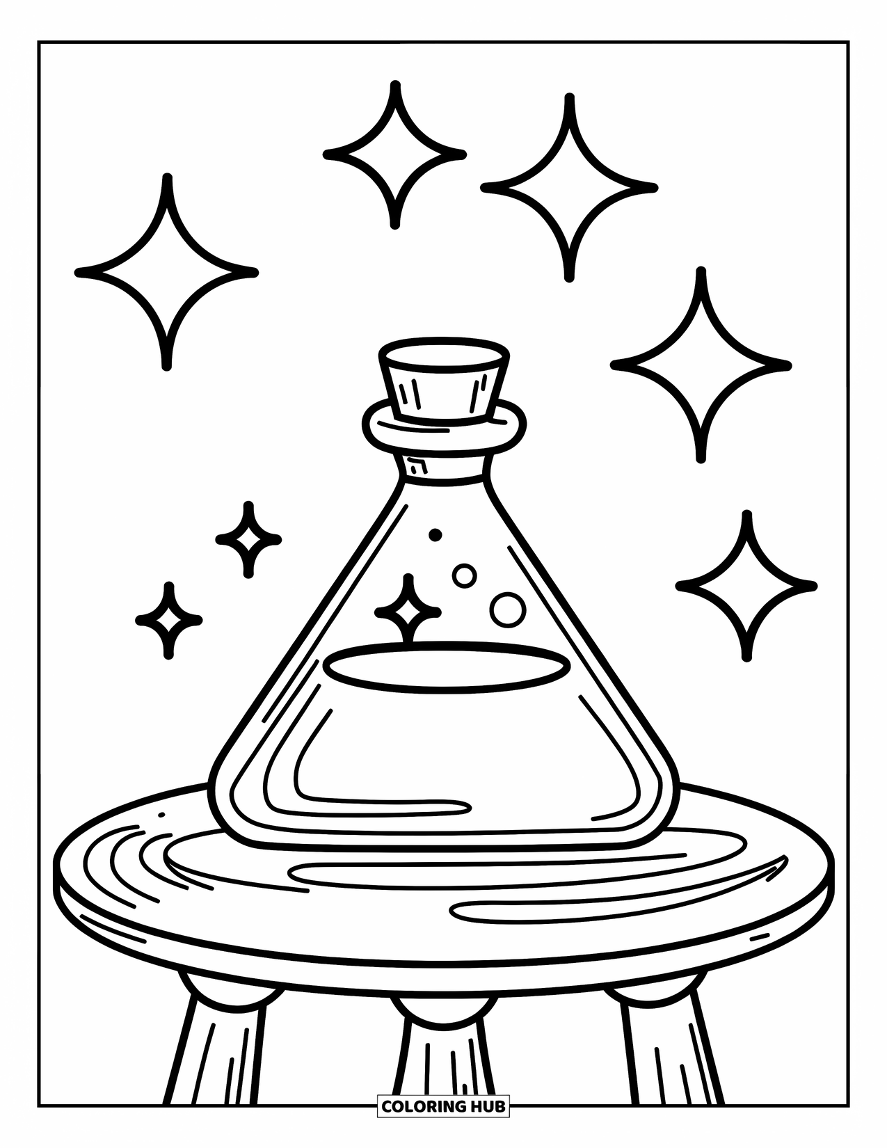 Potion Coloring Page for Kids: Clean triangle potion bottle and stars sit on a plain table in a bold outline