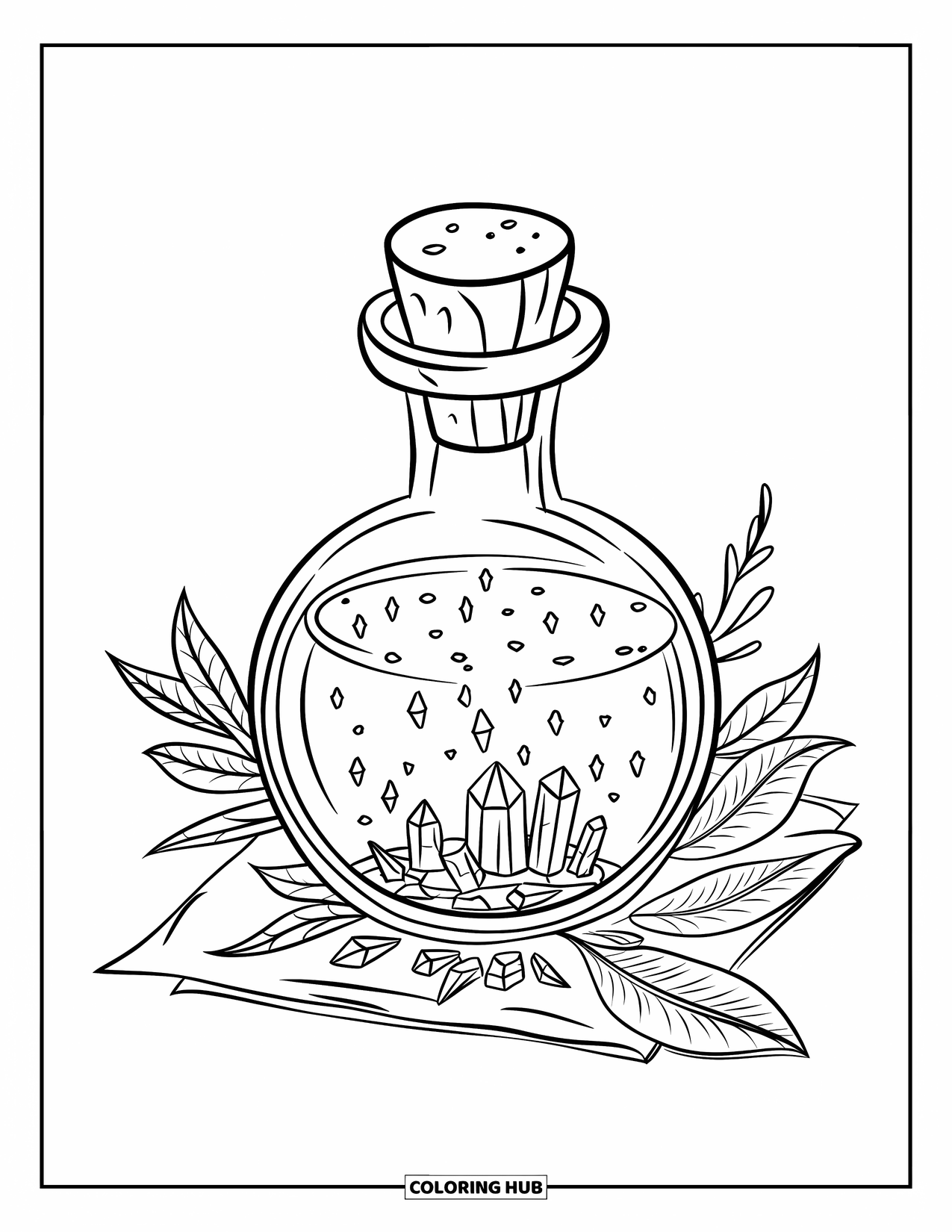 Potion Coloring Page for Kids: Corked potion bottle beside leaves on paper with a plain white background