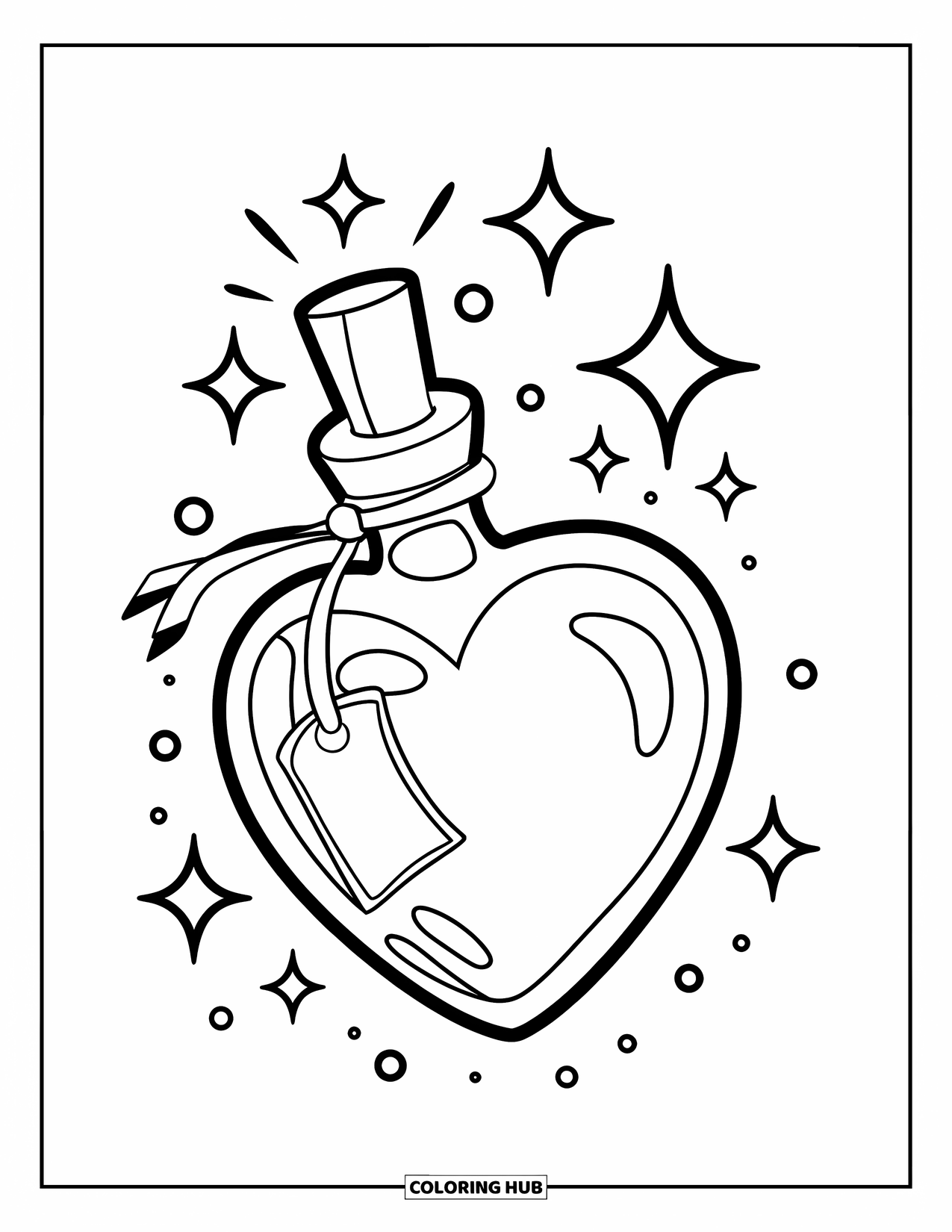 Potion Coloring Page for Kids: Floating heart-shaped bottle with sparkles and a tag glows on a white background