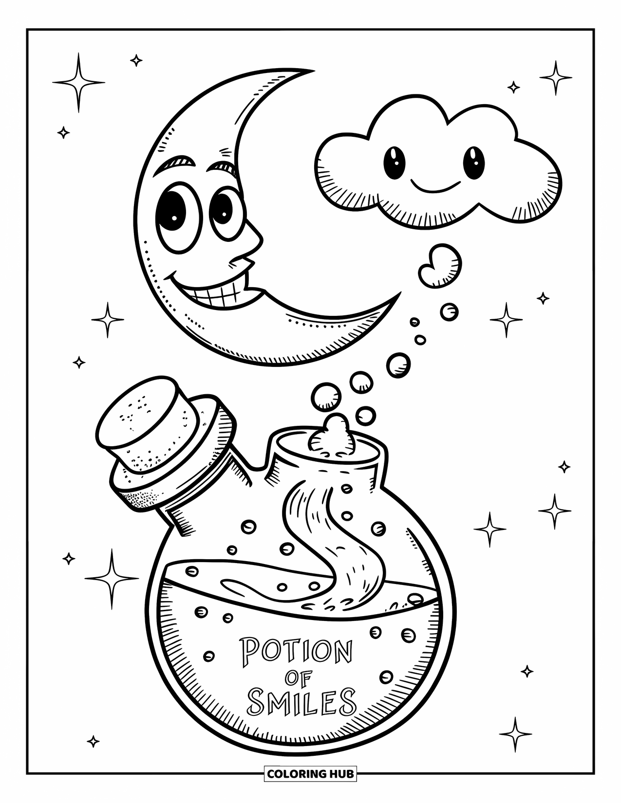 Potion Coloring Page for Kids: Happy moon and cloud hover above a "Potion of Smiles" under starry skies