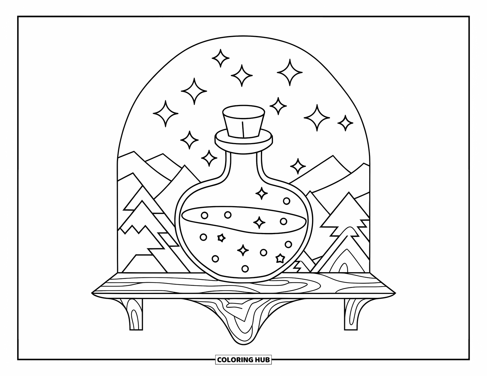Potion Coloring Page for Kids: Potion bottle on a shelf beneath a moonlit sky with stars and mountain scenery