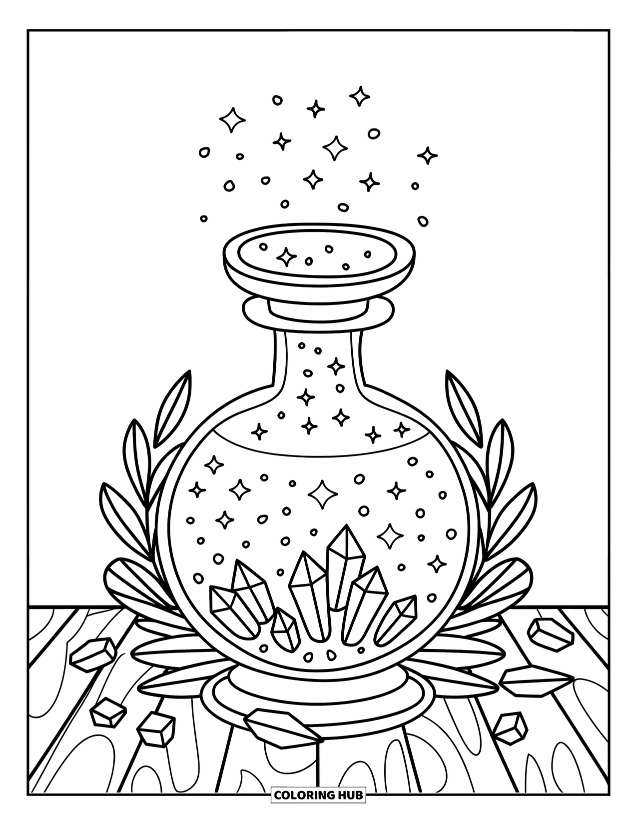 Potion Coloring Page for Kids: Potion bottle on wood with leaves and crystals scattered at the base