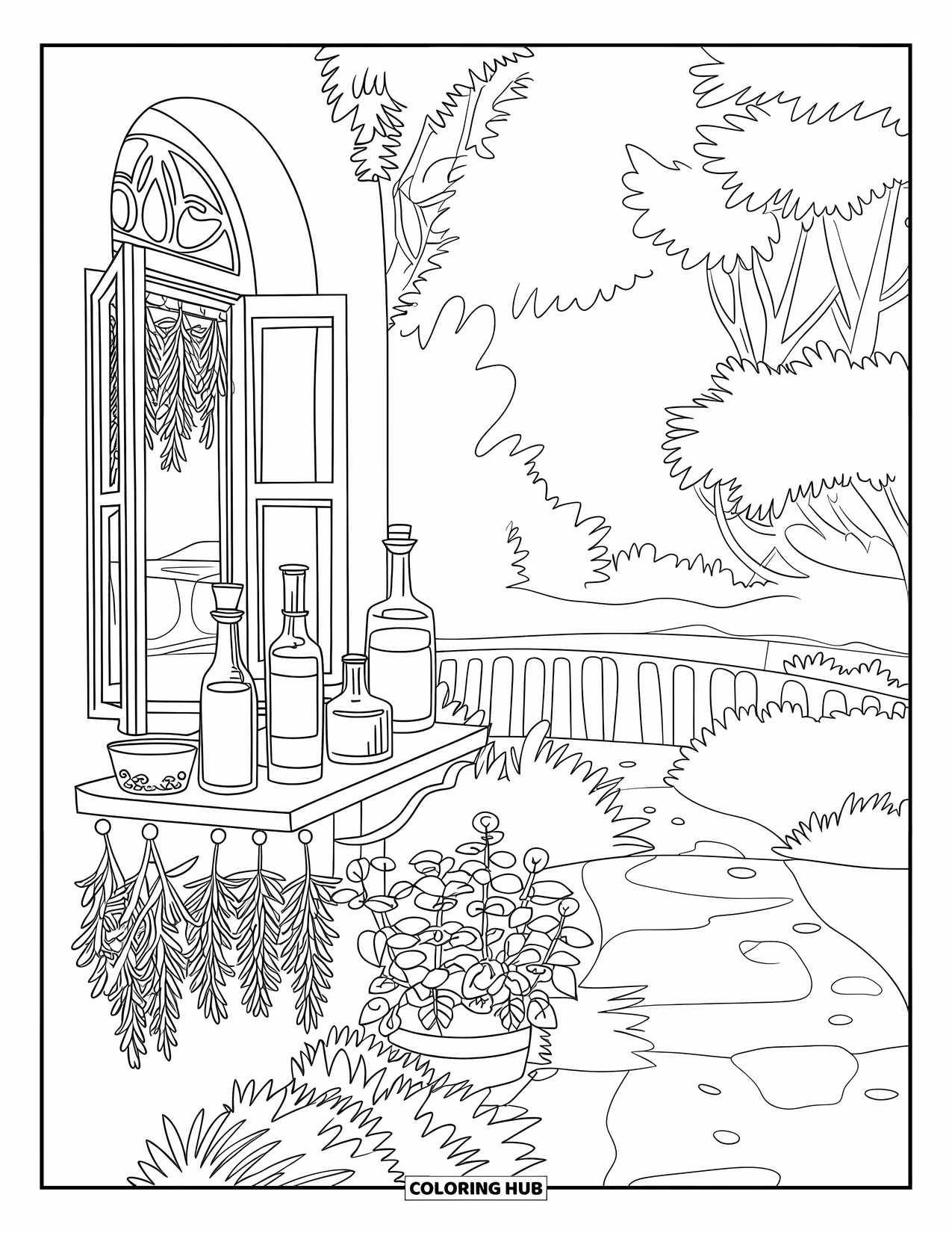 Potion Coloring Page for Kids: Potions and herbs rest on a shelf by a window with a bridge view outside