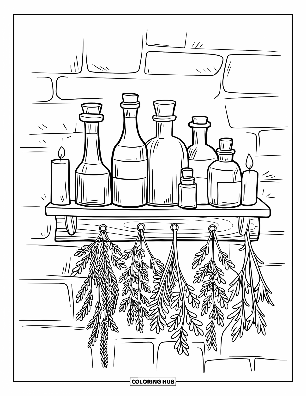 Potion Coloring Page for Kids: Shelf with potions, herbs, and candles casts a shadow on a stone wall