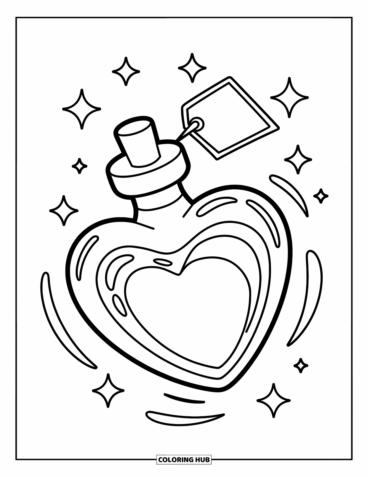 Potion Coloring Page for Kids: Simple heart potion with sparkles and tag floats gently, perfect for preschoolers