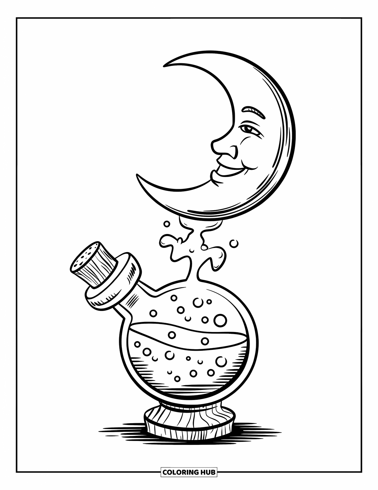 Potion Coloring Page for Kids: Smiling moon watches over a corked potion bubbling on a wooden base