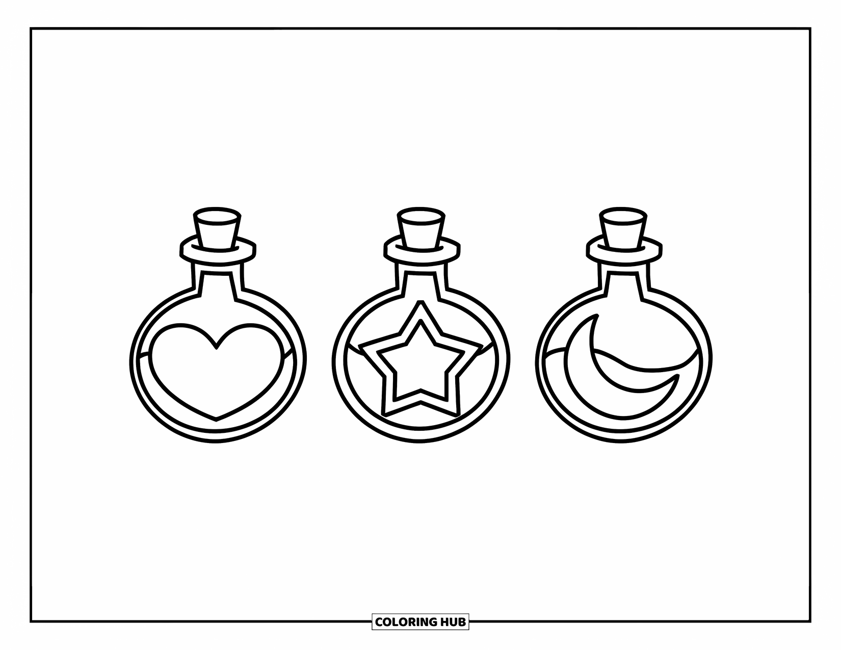 Potion Coloring Page for Kids: Three cheerful-shaped potions-a heart, star, and crescent moon-lined up simply for preschoolers