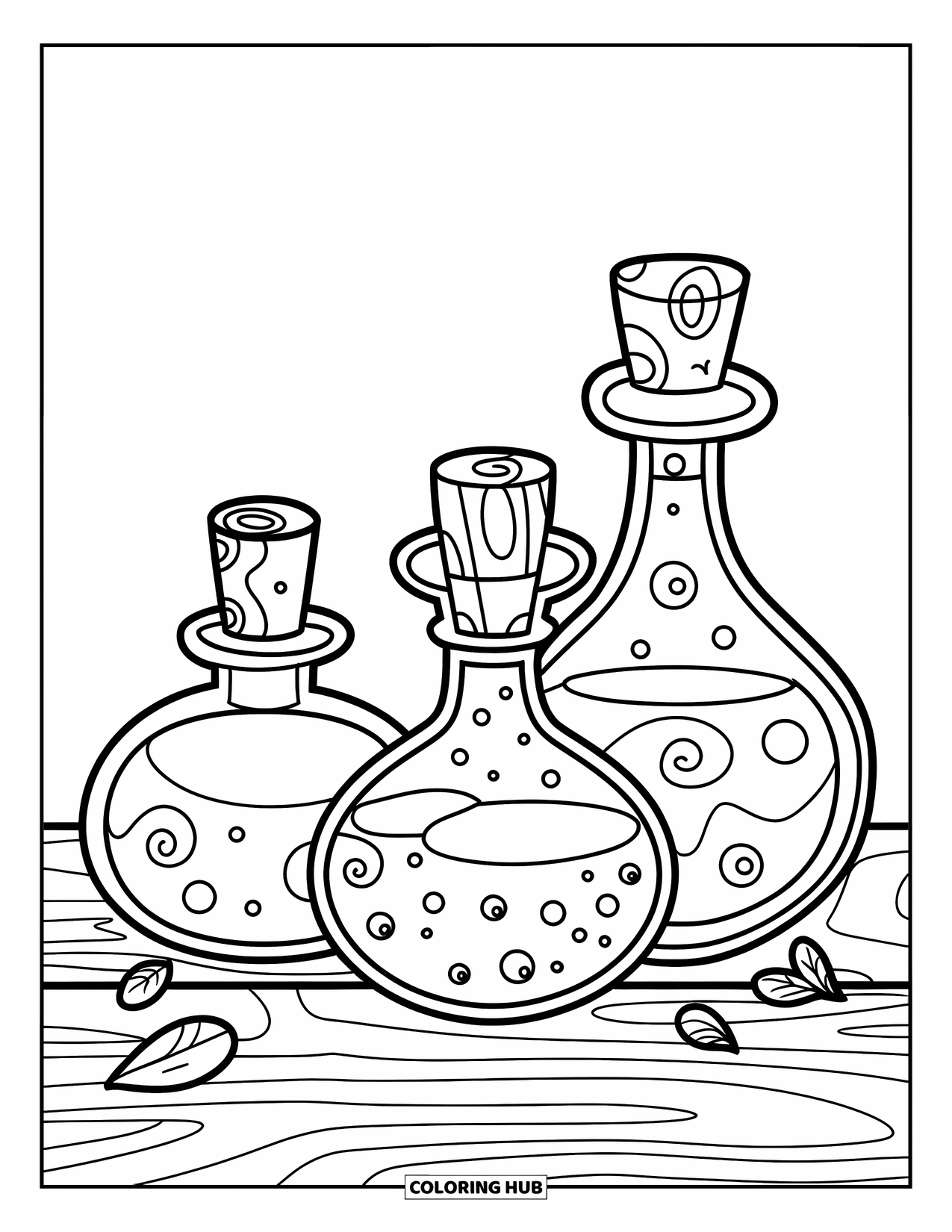 Potion Coloring Page for Kids: Three potions with swirls and corks rest on a wooden surface with leaves nearby