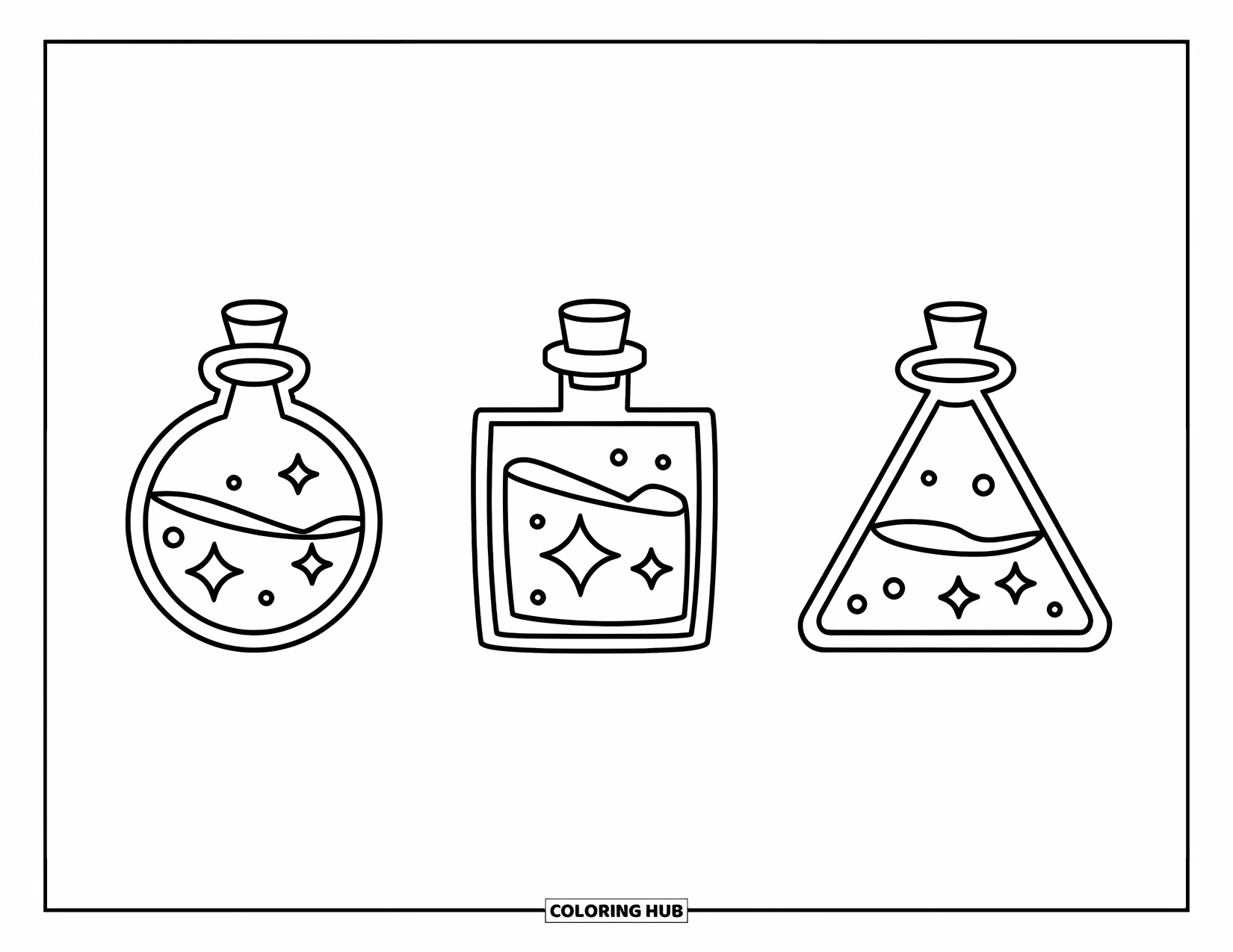 Potion Coloring Page for Kids: Triangle, square, and circular potions hold floating stars inside their simple shapes