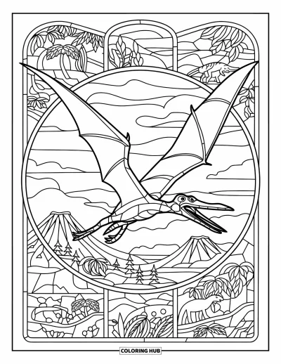 Coloriage de ptérosaure pour adultes : Un ptérosaure en vol est encerclé par des vitraux représentant des dinosaures et des scènes préhistoriques