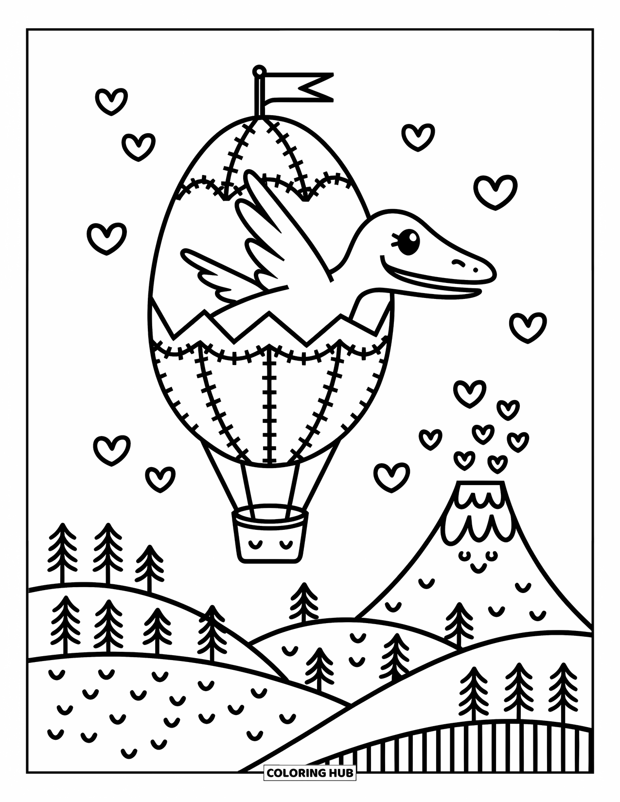 Pterodactyl Coloring Page for Adults: Joyful pterodactyl floats in a balloon egg above trees, hills, and a puffy volcano