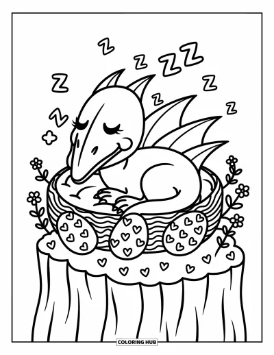 Coloriage de ptérosaure pour adultes : Un ptérosaure lové dans un nid douillet parmi des œufs en forme de cœur, des lianes et des « Z » de rêve