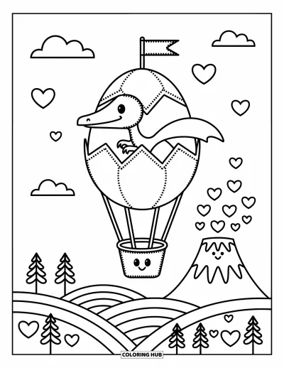 Coloriage de ptérosaure pour adultes : Un ptérosaure flotte dans un ballon-œuf tandis que des cœurs et la fumée d'un volcan s'élèvent dans la brise