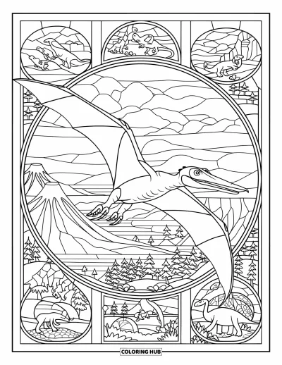 Coloriage de ptérosaure pour adultes : Un ptérosaure vole au-dessus de volcans dans des panneaux de vitraux représentant la nature ancienne