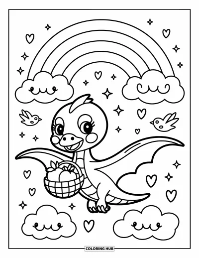 Coloriage de ptérosaure pour adultes : Un ptérosaure vole avec un panier de fruits à travers des nuages, un arc-en-ciel, des étincelles et des oiseaux espiègles
