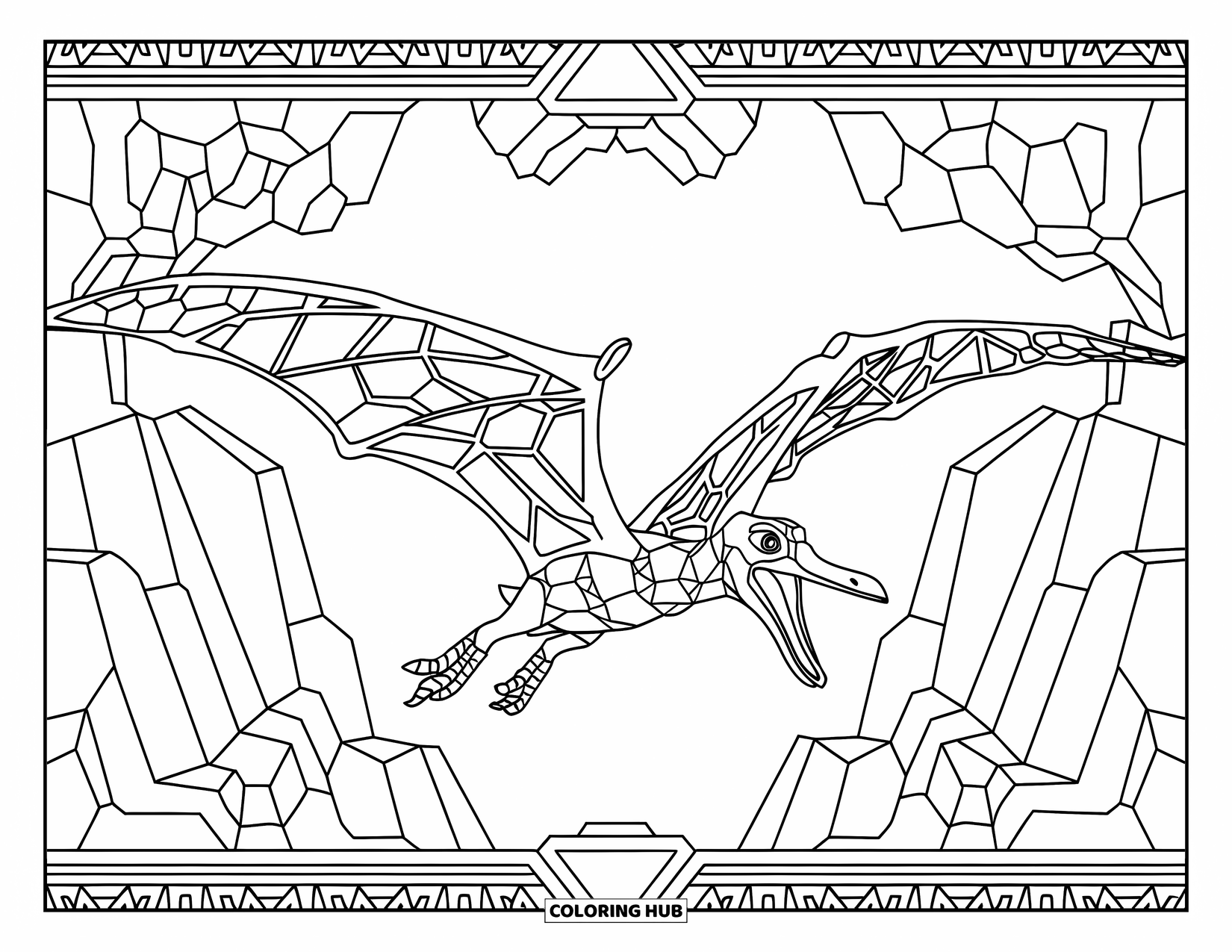 Pterodactyl Coloring Page for Adults: Pterodactyl flies with mouth open, framed by stained-glass wings and intricate rocks