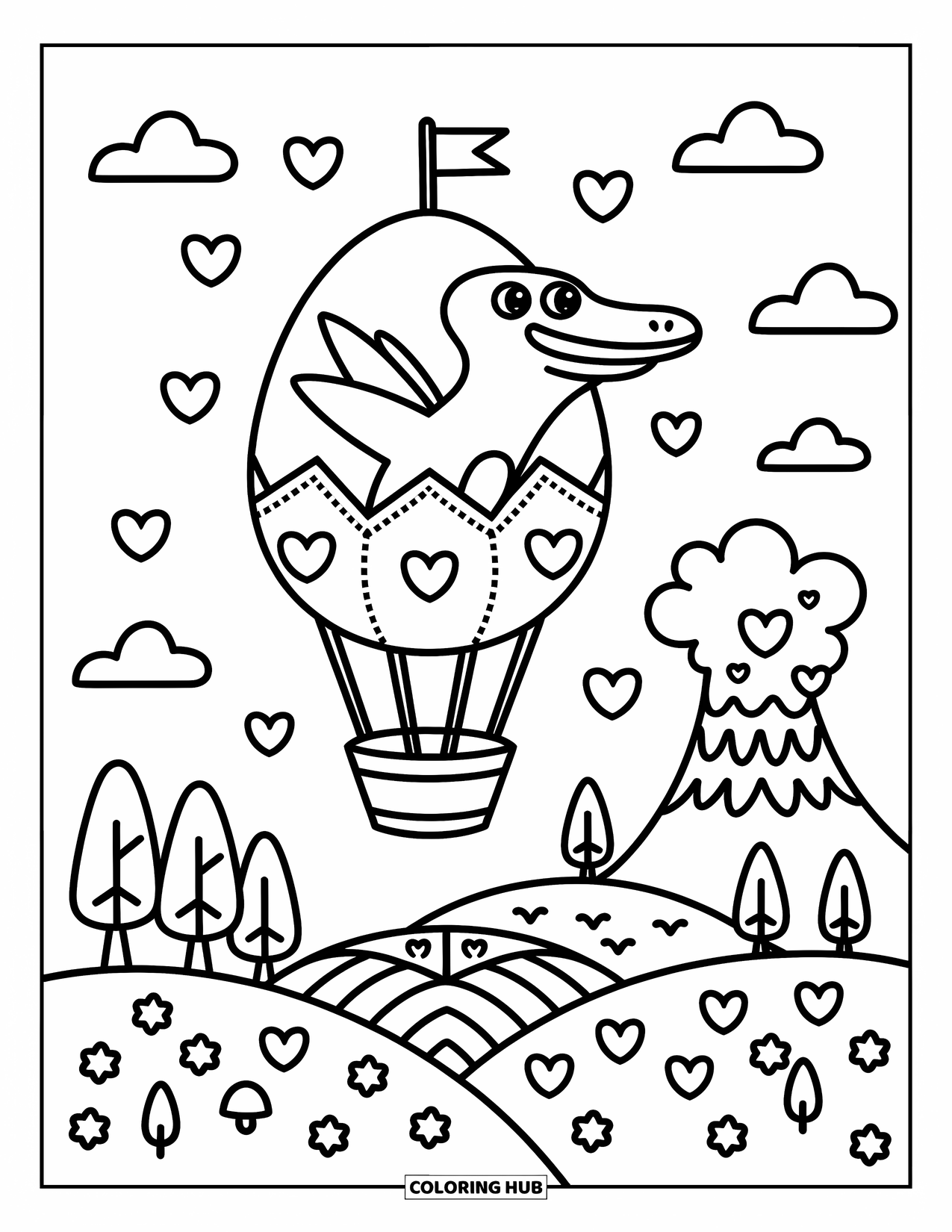 Pterodactyl Coloring Page for Adults: Pterodactyl floats in an egg-shaped balloon above hills, hearts, and a smiling volcano