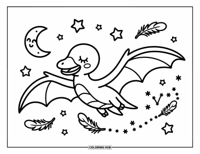 Coloriage de ptérosaure pour adultes : Un ptérosaure dérive paisiblement dans le ciel nocturne entouré d'étoiles et de douces constellations