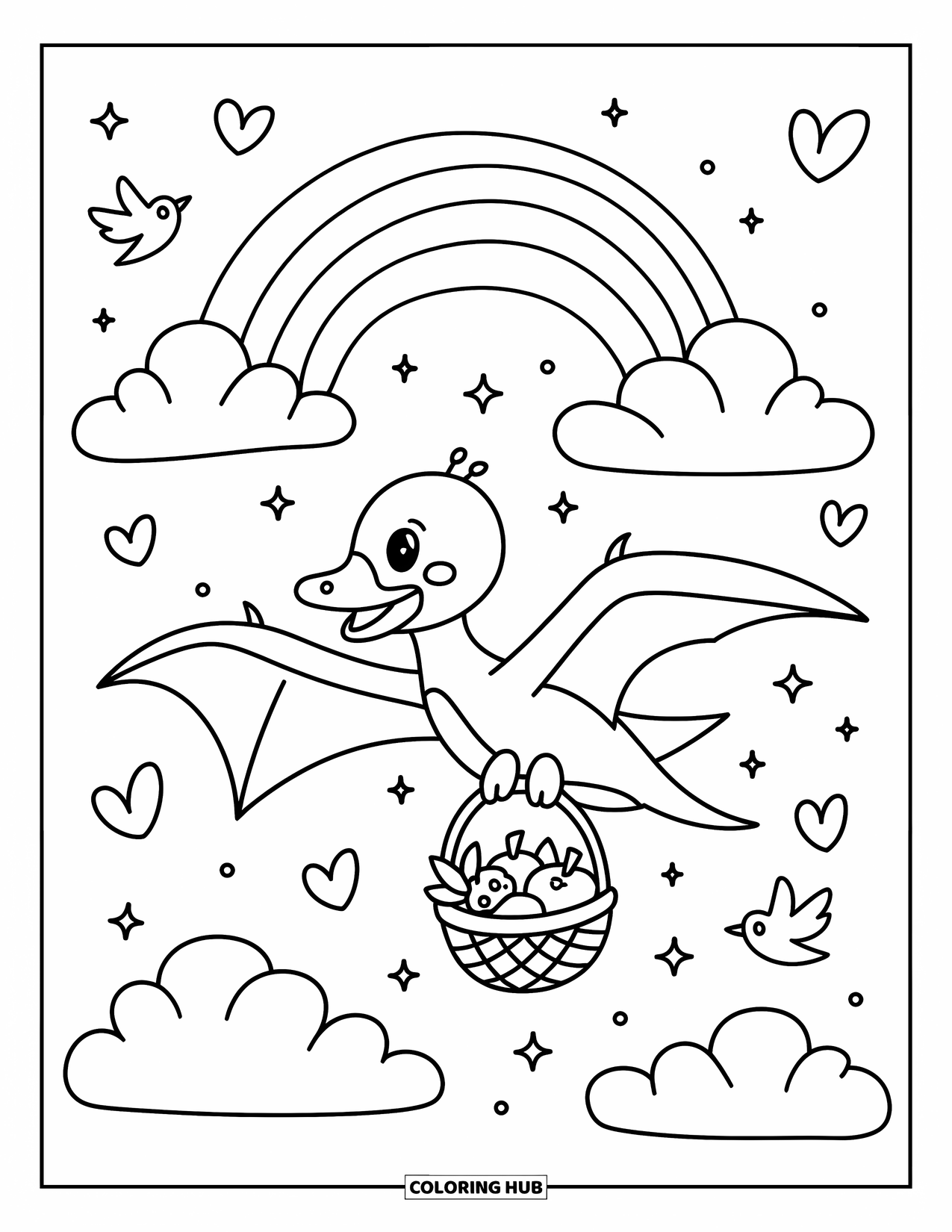 Pterodactyl Coloring Page for Adults: Pterodactyl glides with a fruit basket under a dreamy rainbow with birds and sparkles