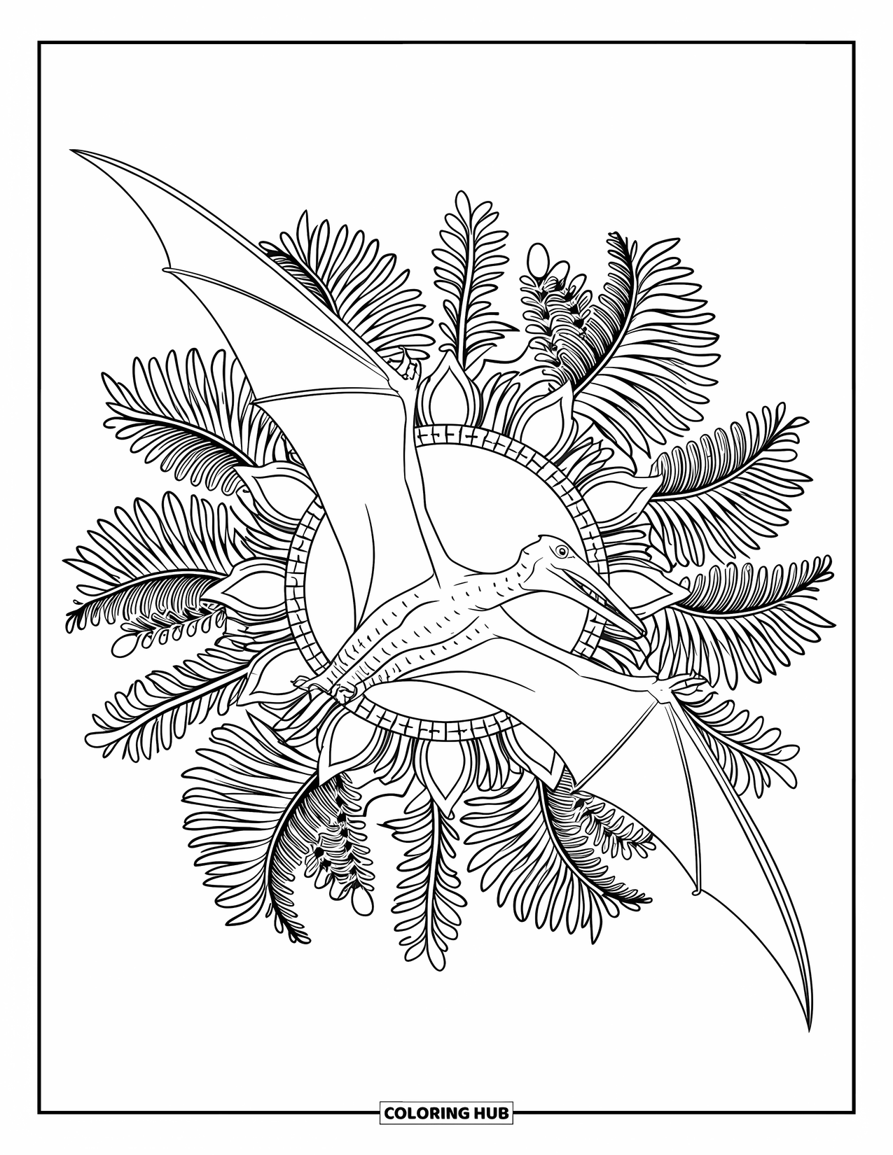 Pterodactyl Coloring Page for Adults: Pterodactyl in flight is surrounded by a mandala of ferns and ancient plants