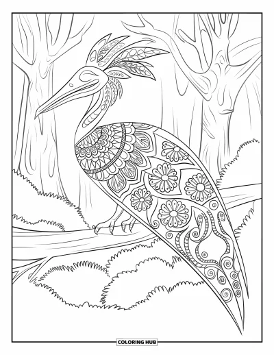 Coloriage de ptérosaure pour adultes : Un ptérosaure de profil orné de plumes en mandala et de lianes fleuries sur un fond de forêt