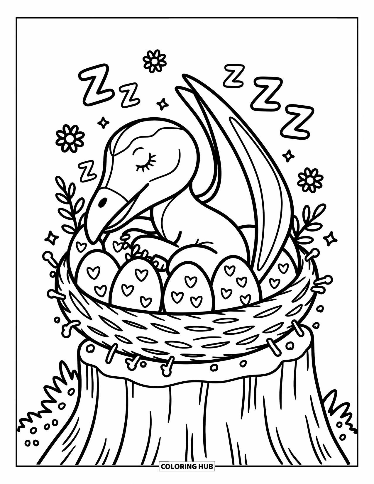 Pterodactyl Coloring Page for Adults: Pterodactyl naps in a nest with heart-covered eggs, flowers, and floating sleepy Zís