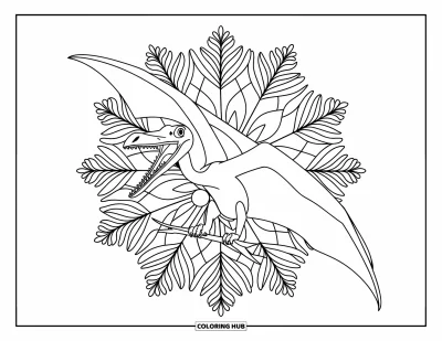 Coloriage de ptérosaure pour adultes : Un ptérosaure la gueule ouverte perché sur une branche, entouré de mandalas de feuilles de palmier