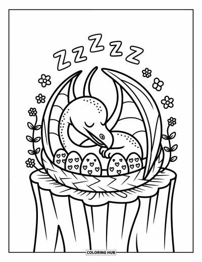 Coloriage de ptérosaure pour adultes : Un ptérosaure endormi se pelotonne dans un nid au flanc d'une falaise avec des œufs, des lianes et de mignons « Z » au-dessus