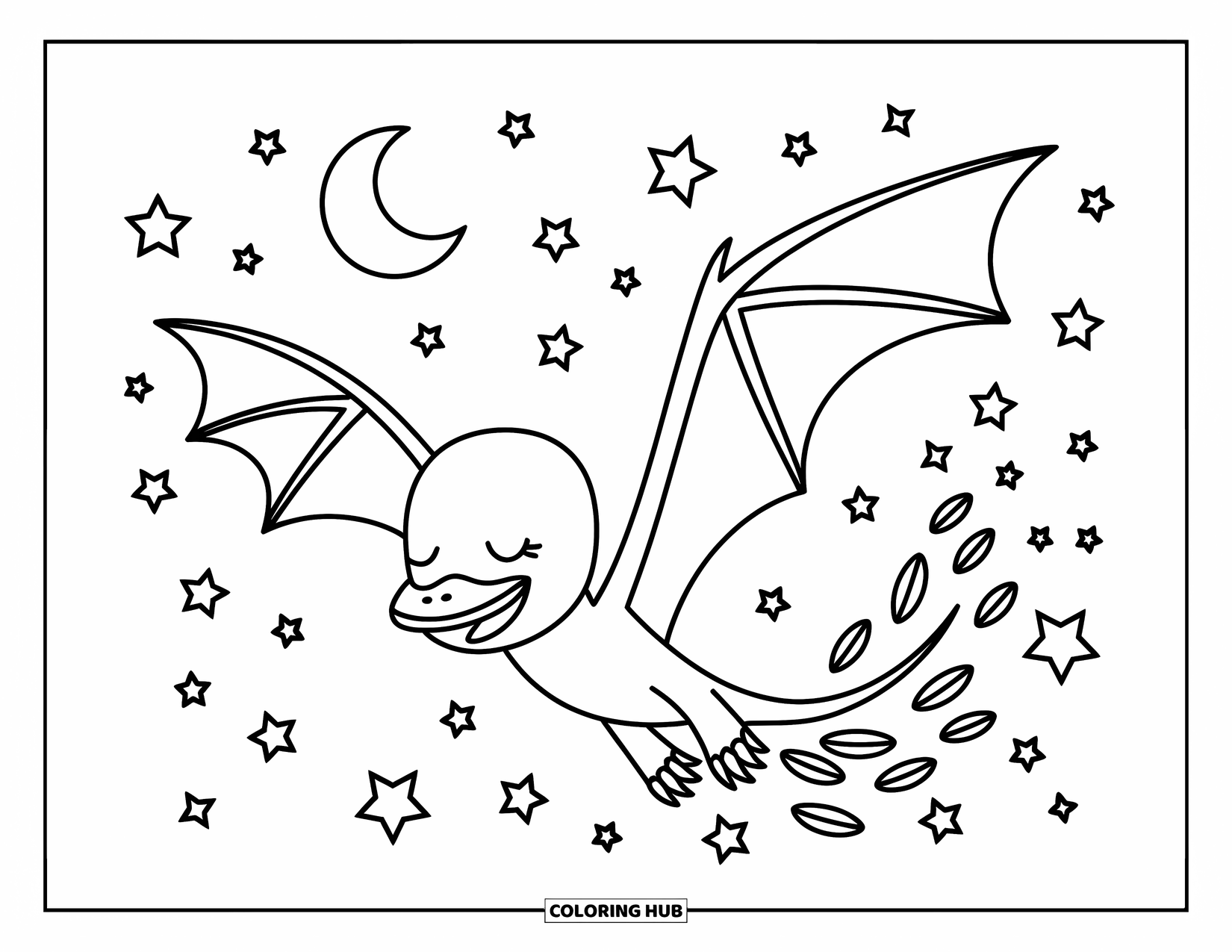 Pterodactyl Coloring Page for Adults: Smiling pterodactyl glides through a starry sky with floating feathers and a crescent moon
