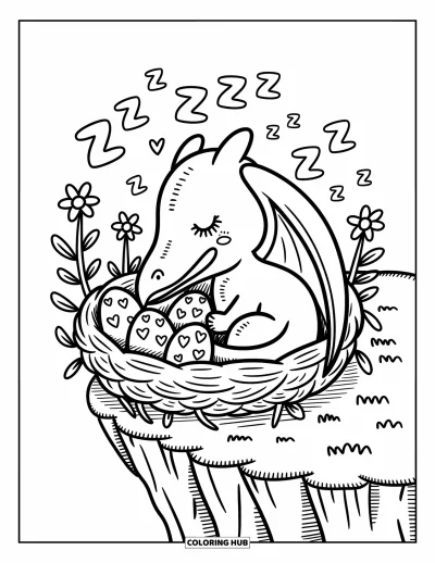 Coloriage de ptérosaure pour adultes : Un ptérosaure douillet se repose dans un nid avec des œufs en forme de cœur et des lettres somnolentes qui flottent