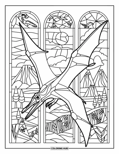 Coloriage de ptérosaure pour adultes : Un ptérosaure planant est mis en valeur par des vitraux représentant des dinosaures, des plantes et des formes géométriques