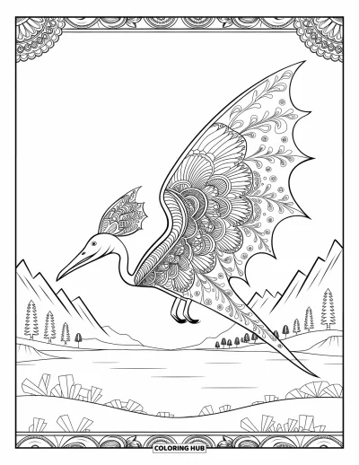 Coloriage de ptérosaure pour adultes : Un ptérosaure aux ailes déployées orné de plumes en mandala s'élève au-dessus d'un paysage naturel paisible