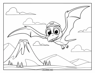 Coloriage de ptérosaure pour enfants : Un adorable ptérosaure en chapeau de pilote vole au-dessus d'un volcan assoupi et de petits arbres