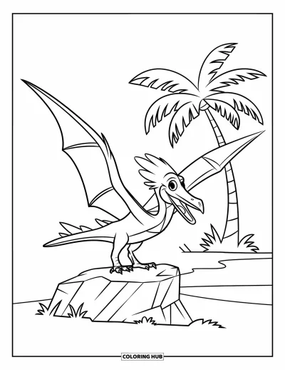 Coloriage de ptérosaure pour enfants : Un ptérosaure facile à colorier perché sur un rocher plat à côté d'un palmier