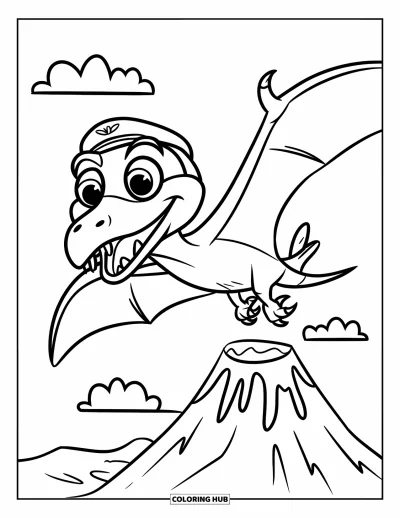 Coloriage de ptérosaure pour enfants : Un ptérosaure joyeux coiffé d'un chapeau de pilote vole au-dessus de la lave avec des nuages dans le ciel