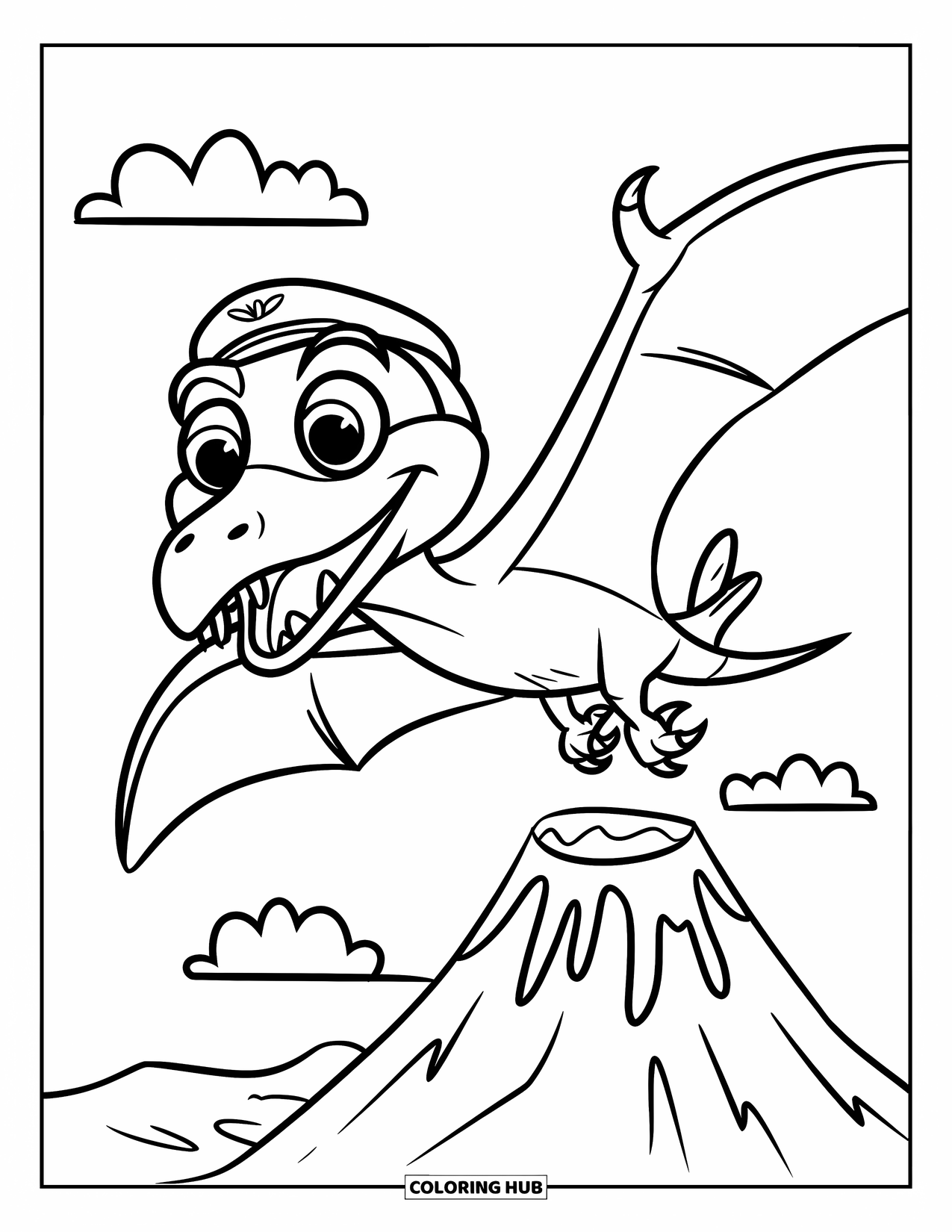 Pterodactyl Coloring Page for Kids: Happy pterodactyl in a pilot hat flies over lava with clouds in the sky