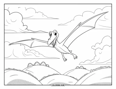 Coloriage de ptérosaure pour enfants : Un ptérosaure souriant aux ailes ouvertes vole au-dessus de collines verdoyantes et de nuages moelleux