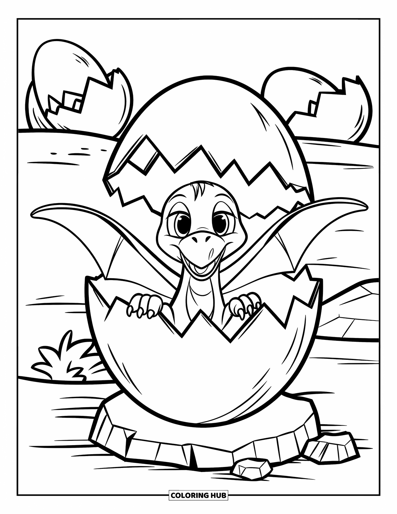 Pterodactyl Coloring Page for Kids: Hatching pterodactyl spreads its wings beside other eggs on a rocky patch