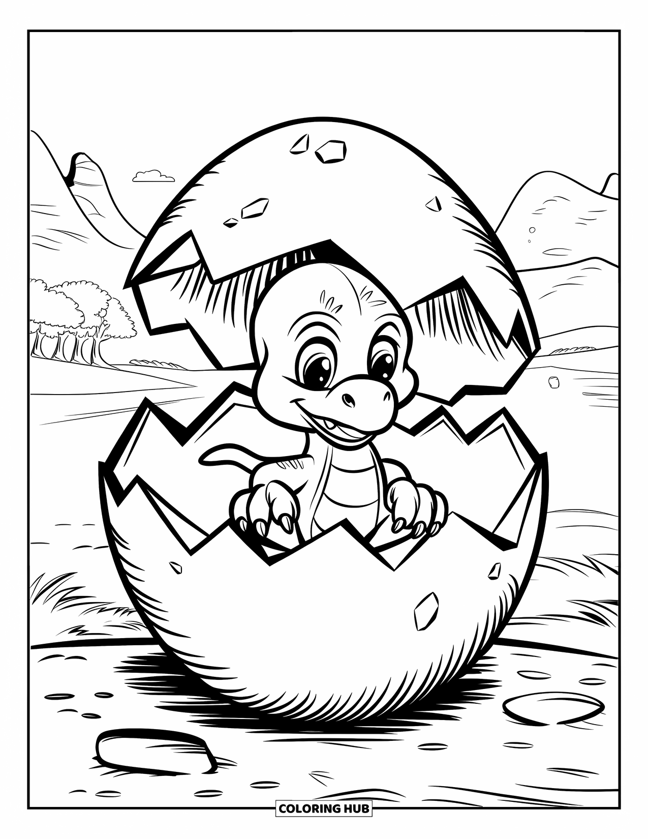 Pterodactyl Coloring Page for Kids: Pterodactyl baby peeks from an egg on rocky terrain with clear mountain views