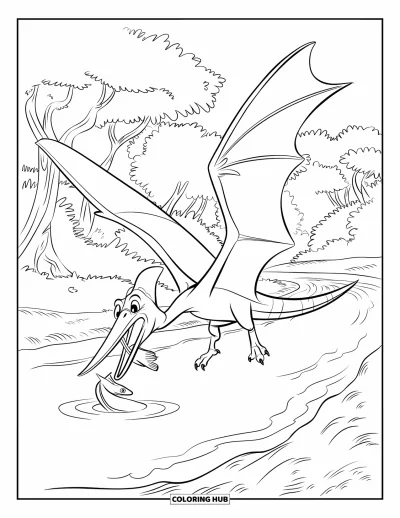 Coloriage de ptérosaure pour enfants : Un ptérosaure attrape un poisson dans une rivière de jungle, ailes grandes ouvertes et attentif