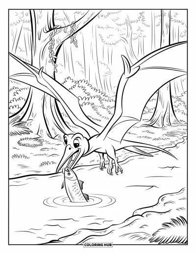 Coloriage de ptérosaure pour enfants : Un ptérosaure attrape un poisson en plein vol au-dessus d'une rivière de jungle luxuriante