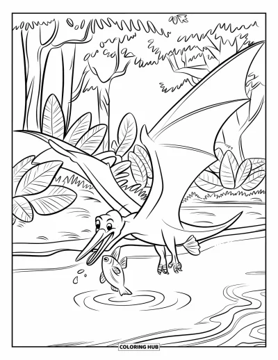 Coloriage de ptérosaure pour enfants : Un ptérosaure plonge pour attraper un poisson dans une rivière de jungle bordée d'arbres touffus