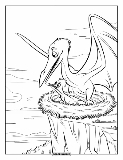 Coloriage de ptérosaure pour enfants : Un ptérosaure nourrit son petit dans un nid de falaise, ciel et nuages en arrière-plan