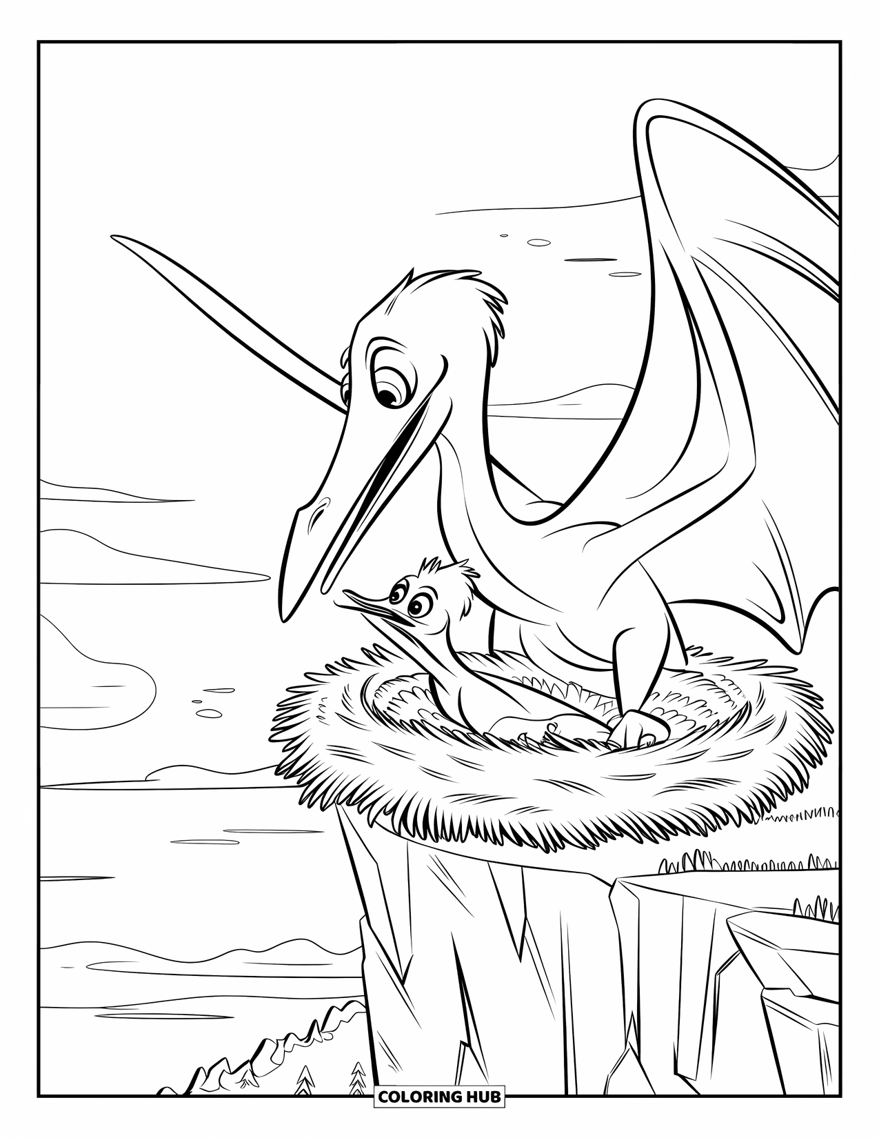 Pterodactyl Coloring Page for Kids: Pterodactyl feeds its baby in a cliff nest, sky and clouds behind