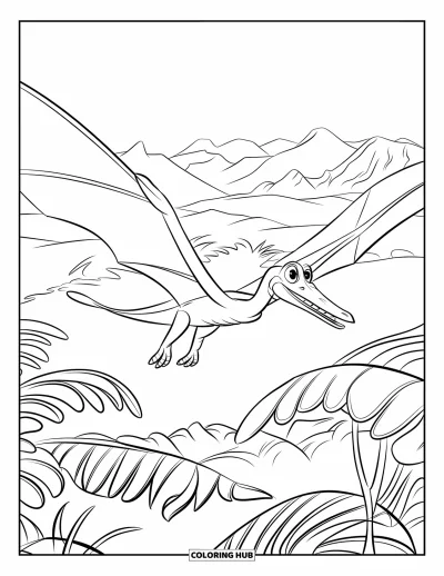Coloriage de ptérosaure pour enfants : Un ptérosaure vole au-dessus d'une jungle préhistorique de fougères avec des montagnes au loin